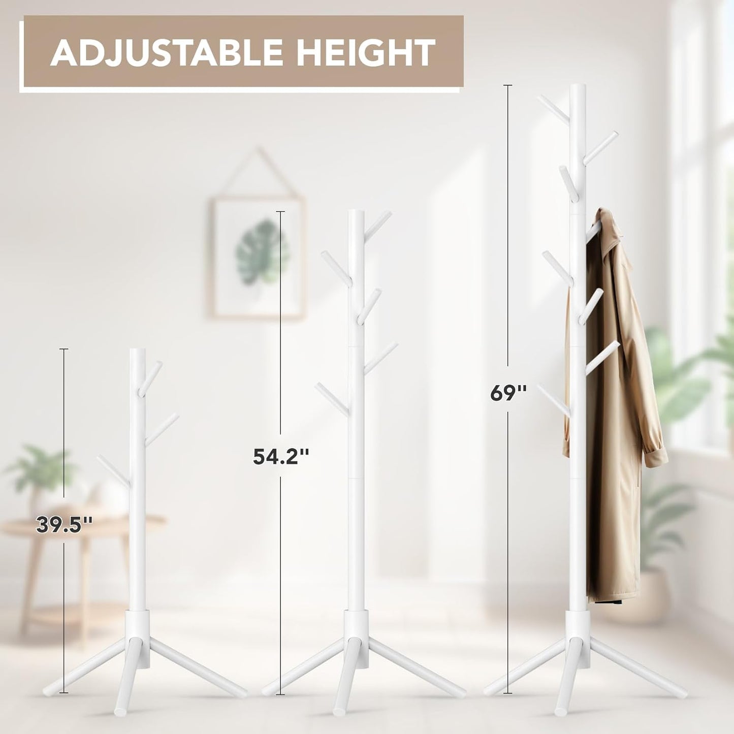 Wooden Tree Coat Rack Stand,Sturdy Freestanding Coat Rack with 8 Hooks,3 Adjustable Height for Child Adult,Wood Coat Stand Tree Fits Entryway Bedroom Office for Bags,Hats, 2 Pack