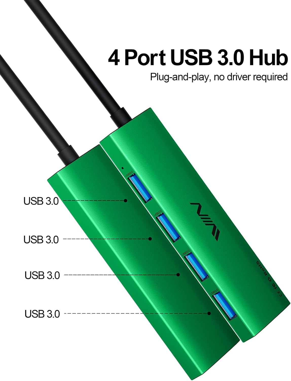 USB 3.0 Hub,4 Port USB Splitter Extender Portable Adapter Multiport Data Hub for Laptop,Xbox, Flash Drive,HDD,Console,Camera,Keyborad,Mouse Windows,Mac OS PC,Not Designed to Charge Devices-Green