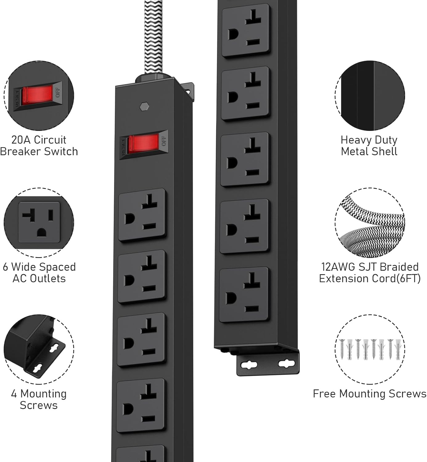 HEZI 20 Amp Power Strip with 5-20P/T- Plug, Heavy Duty High Amp Metal Surge Protector, Mountable Industrial Power Strip with 6AC Outlets(5-20R) and Circuit Breaker, 6FT 12AWG Extension Cord