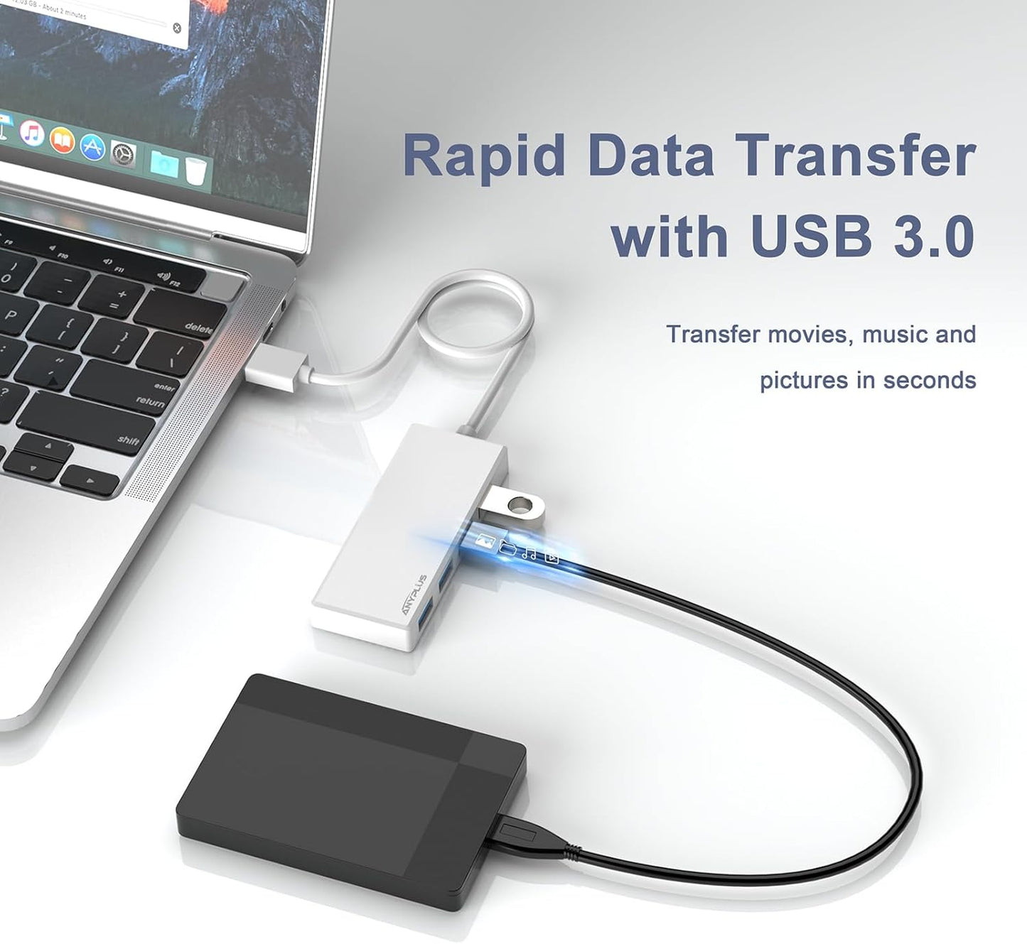 USB 3.0 Hub, Portable Slim USB Hub Adapter, 0.8 ft Multiple USB Splitter, USB Extender for PC, Laptop, iMac, Surface Pro, MacBook, Mac Pro, Flash Drive, XPS, Mouse, HDD【White】