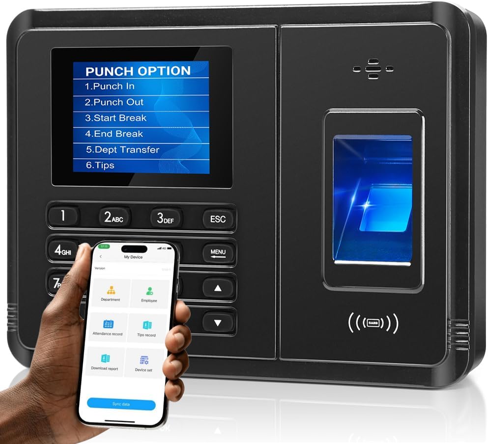 App-Based Time Clock for Small Business with 10 IC Cards – Clock in Machine for Employee Fingerprint Attendance, Time Card Machine No Monthly Fee, iOS/Android Compatible