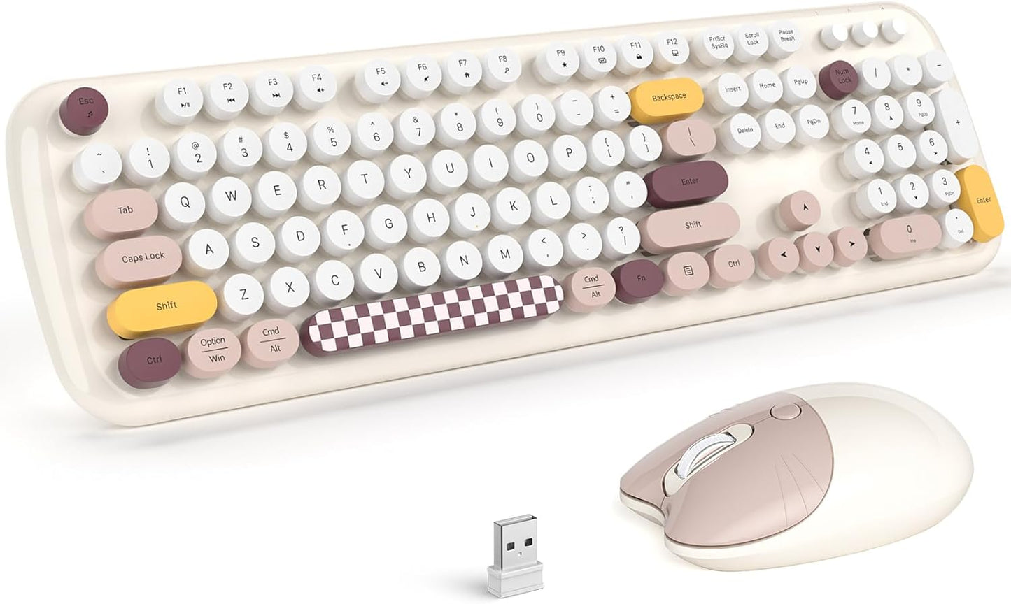 MOFII Wireless Keyboard and Mouse Combo, Full-Sized Colorful Typewriter Keyboard with Round Keycaps, 2.4G Cute Mouse Compatible with PC/Laptop/Computer (Milk White Color)