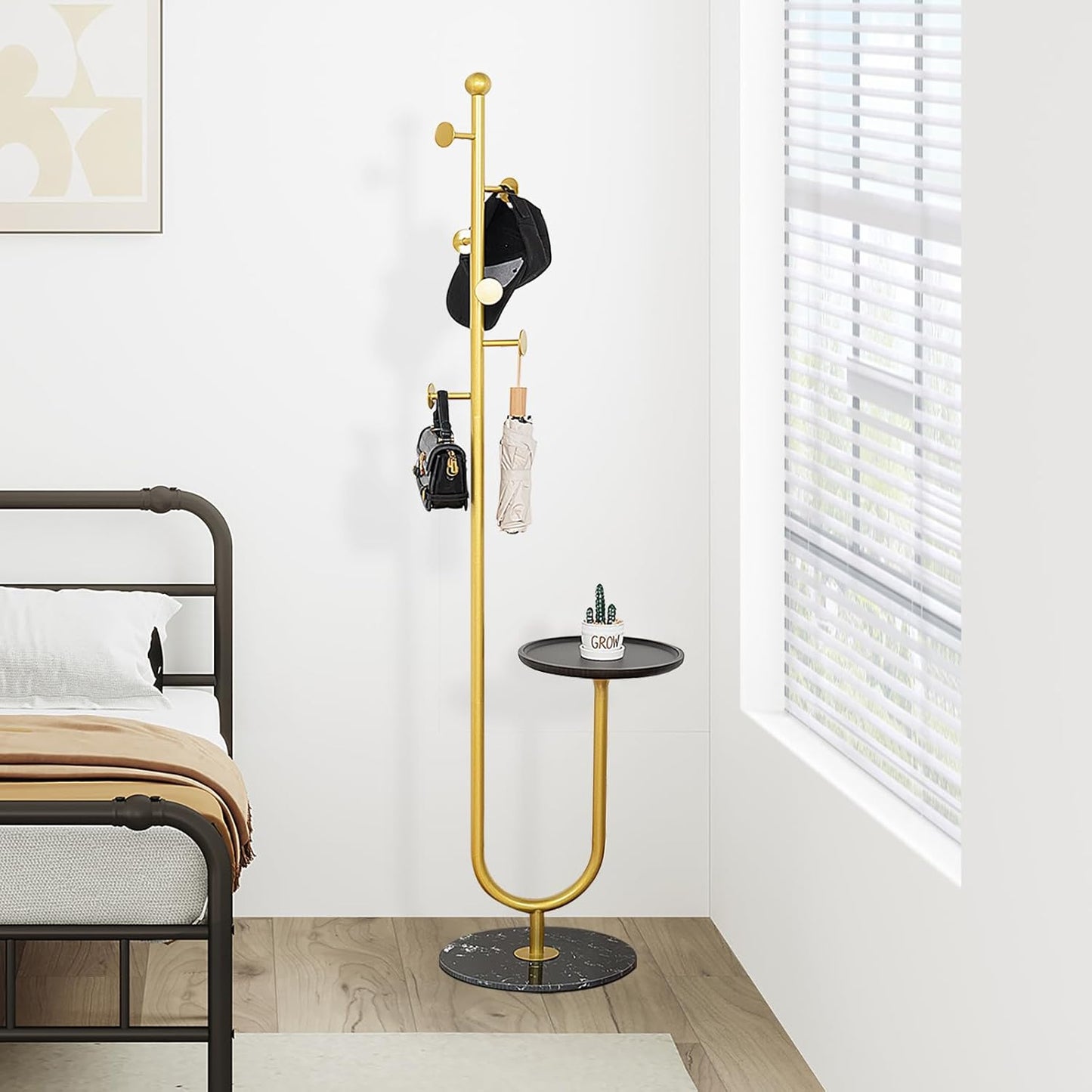 Coat Rack Stand, Metal Coat Tree with Bamboo Tray & 6 Hooks, Heavy Duty Marble Base Corner Coat Stand for Bedroom Hallway Entryway Living Room Office 13.78 x 13.78 x 68.11 Inches (Gold)