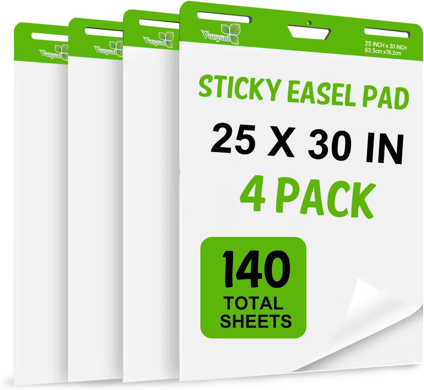 Sticky Easel Pad 25 in x 30 in, 35 Sheets/Pad, 4 Pads/Pack, 140 Sheets， Large White Sticky Easel Paper for Office and Classrooms, Flip Chart Paper for Teachers，Super Sticking Power & Bleed-Resistant