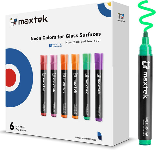 maxtek Dry Erase Markers, Bullet Tip Glass Whiteboard Markers, Neon Colors, 6 Count White Board Dry Erase Pens