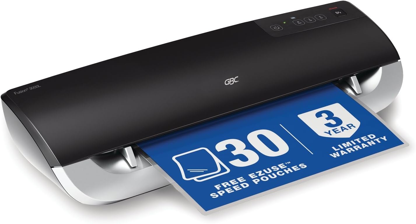 GBC Thermal Laminator Machine, Fusion 3000L, 12 Inch, 1 Min Warm-up, 3 or 5 Mil, with 30 EZUse Laminating Pouches (1703075)