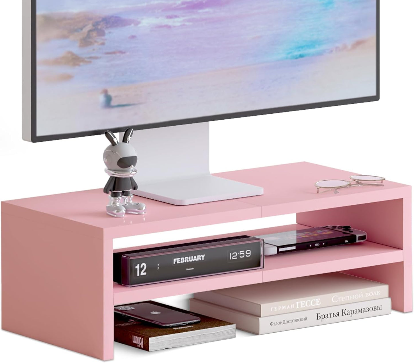TEAMIX 2 Tiers Pink Monitor Stand Riser, Desktop Stand with Keyboard Storage Small TV Stand Laptop Wooden Desk Organizer Cute Shelf (Pink, 2 Tiers)