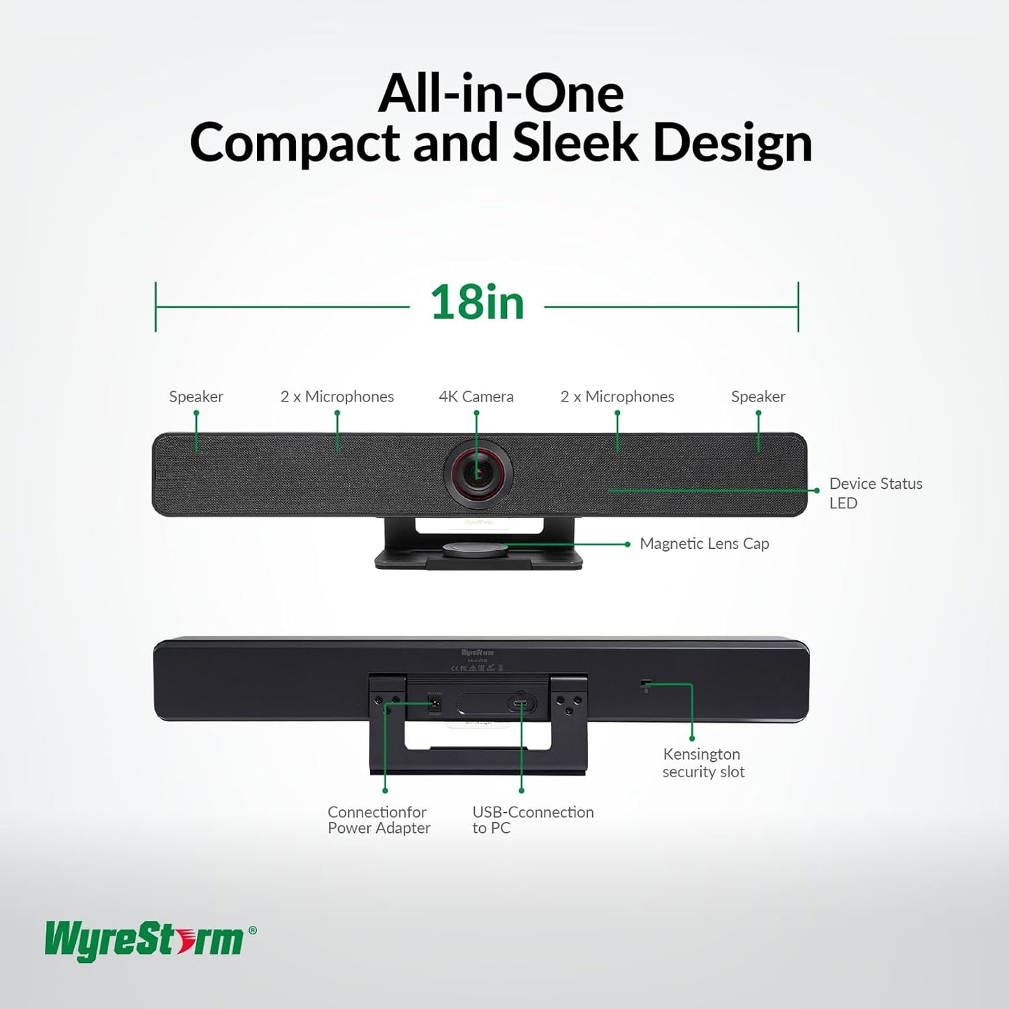WYRESTORM 4K Conference Room Camera with AI Auto Framing, Presenter & Speaker Tracking, 120° Wide-Angle Webcam, 5X Digital Zoom, 4-Mic Array & 2 Speakers, Work with Meet, Teams, Zoom