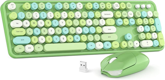 Wireless Keyboard and Mouse Combo, MOWUX Colorful Computer Full Size 2.4G Plug and Play Wireless Typewriter Keyboard and Mouse Set for Windows, Computer, Desktop, PC, Notebook (Green Colorful)