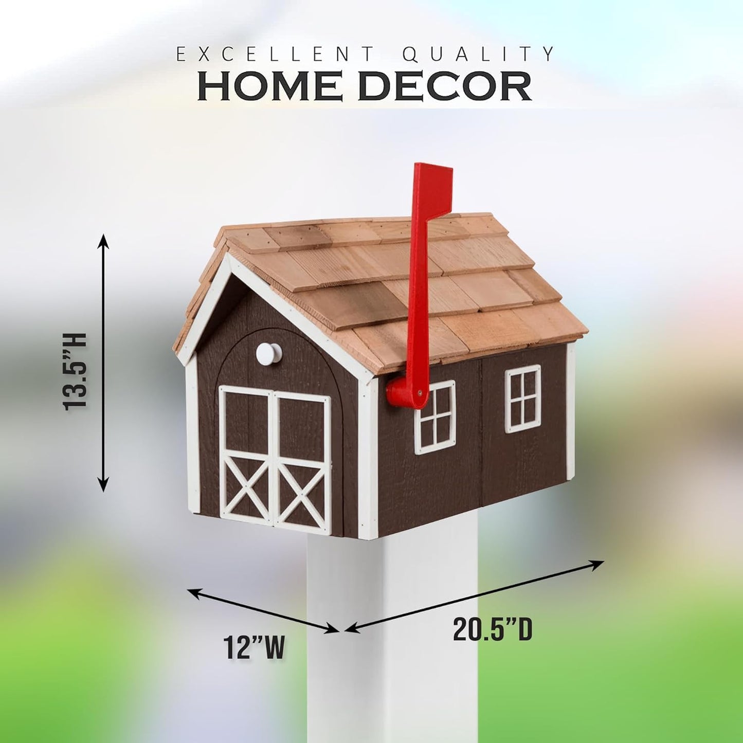 Peaceful Classics Amish Cedar Roof Wooden Mailbox with Window & Door Trim, Handcrafted Mailboxes for Outside, Post Mount Residential Mailboxes - (Dark Gray & White, Wood)