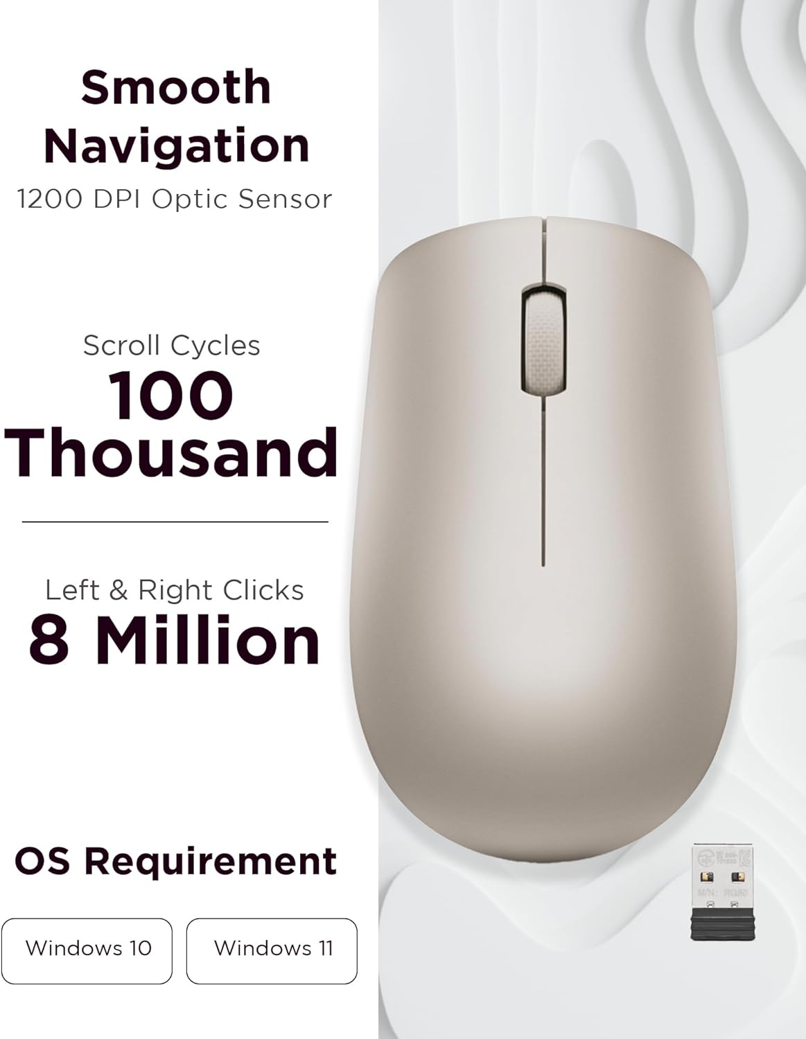 Lenovo 530 Wireless Mouse with Battery, 2.4GHz Nano USB, 1200 DPI Optical Sensor, Ergonomic for Left or Right Hand, Lightweight, GY50Z18988, Almond