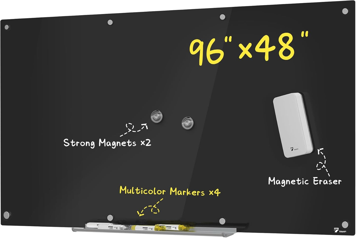 TOWON 8 x 4ft Glass Whiteboard Wall, Black Magnetic White Board Dry Erase 96 x 48 in, Big Glass Dry Erase Board with Multi-Color Markers, Strong Magnets, Pen Tray and Eraser, Frameless