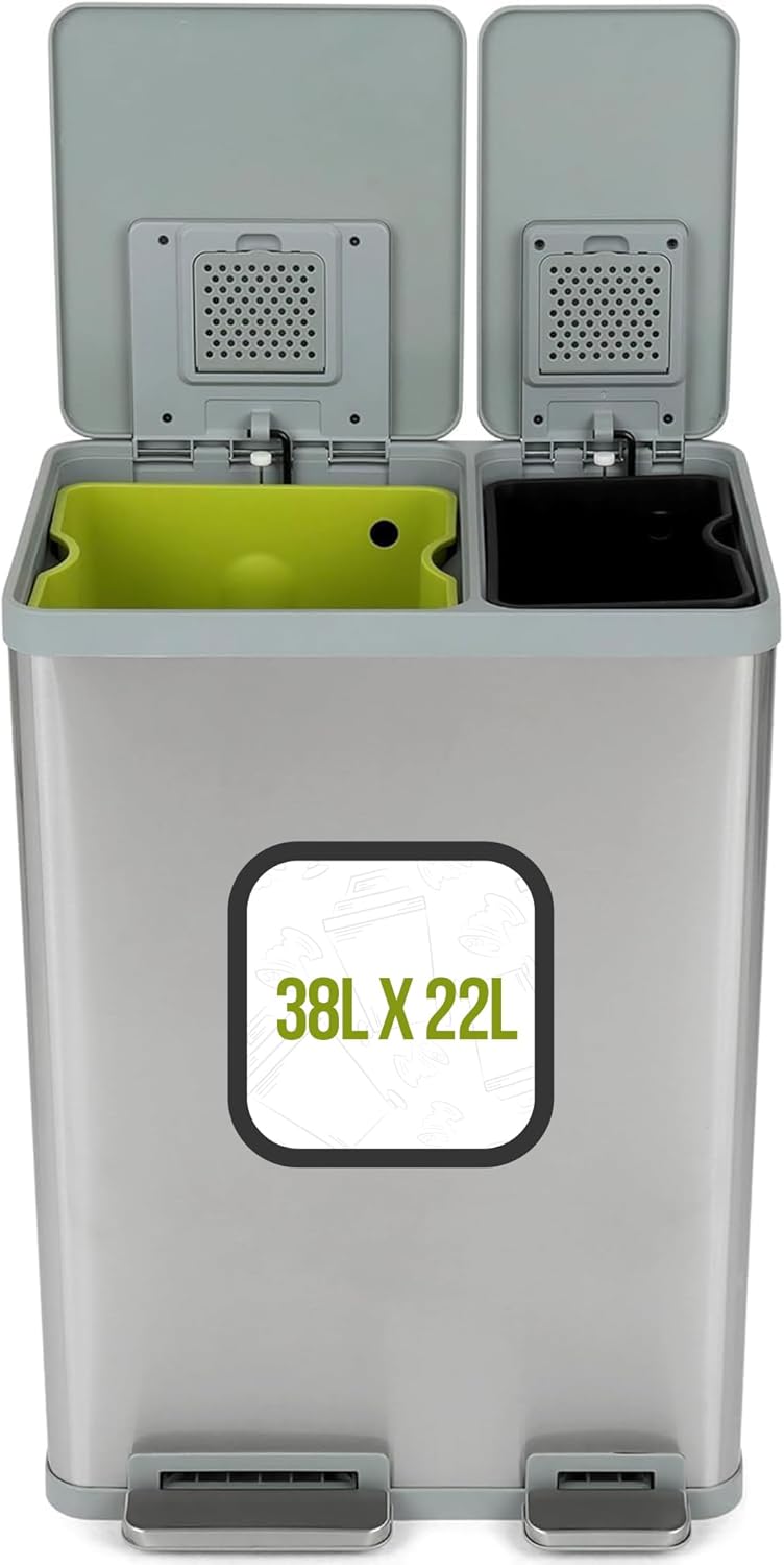 Simpli-Magic 60 Liter / 16 Gallon Rectangular Hands-Free Dual Compartment Recycling Kitchen Step Trash Can with Soft-Close Lid, Brushed Stainless Steel (38L x 22L Capacity)