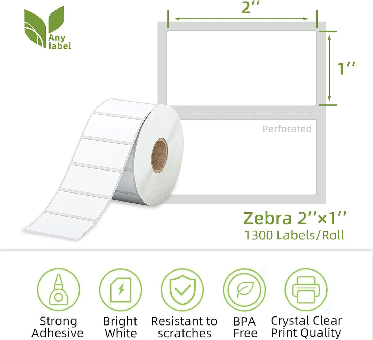 Compatible 2" x 1" Direct Thermal Labels Replacement for Barcodes Postage Address Shipping Compatible with Rollo & Zebra Desktop Printers Adhesive & Perforated (24 Rolls, 1300 Labels/Roll)