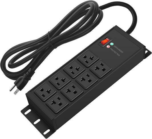 CCCEI Black Heavy Duty Power Strip Surge Protector 20 AMP, 8 Outlets 12 Gauge Industrial Shop Garage Metal Multiple Outlets, 4 FT Extension Cord 5-15P Adapter High Amp 6-20R T-Slot 20a for Appliance