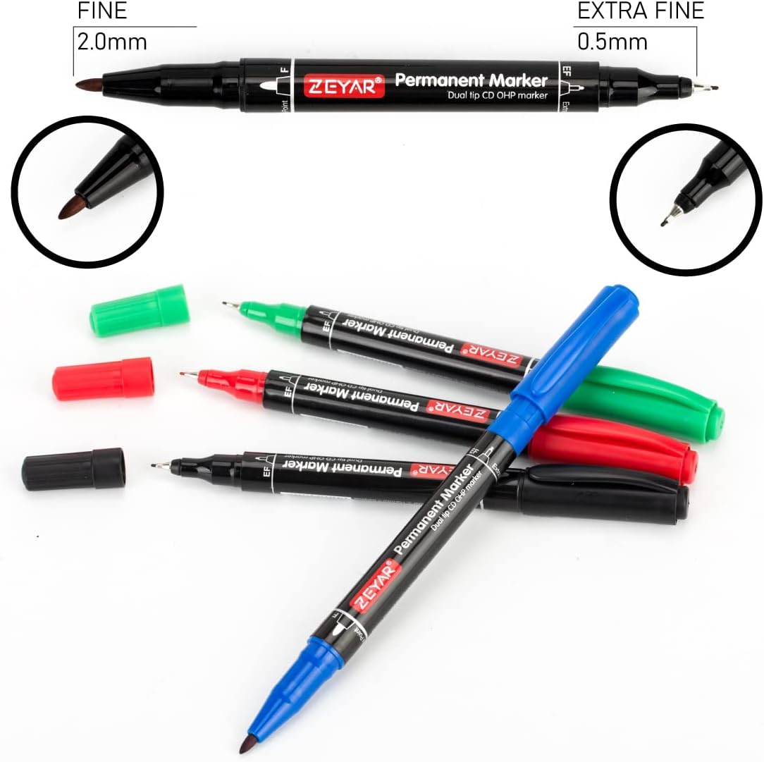 ZEYAR Twin Tip Permanent Markers, CD/DVD Markers, 6 Black Color, Ultra Fine Point and Fine Point for Signature and Marking (6 Black Color)