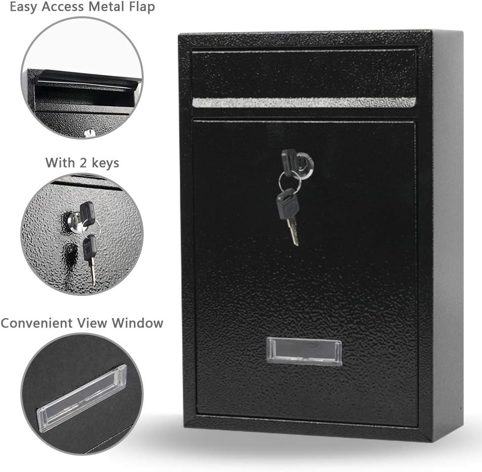 KYODOLED Key Lock MailBoxes for Outside, Locking Wall Mount Mailbox, Security Key Drop Box for Letters Newspapers, Cards, 12.4H x 8.54L x 3.35W Inches, Black