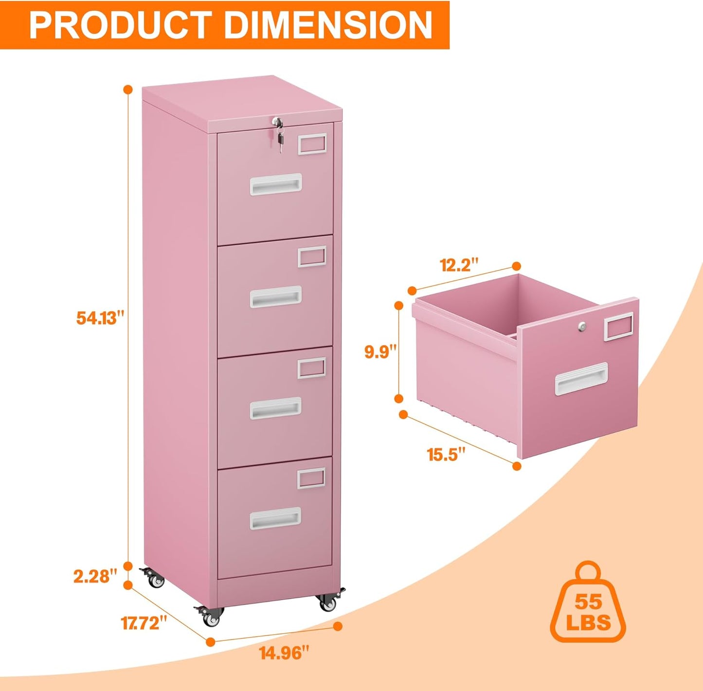 Aobabo 56" H 4 Drawer Moblie Office File Cabinet with Lock, Rolling Metal Filing Storage Cabinet, Legal/Letter A4 Size, Pink, Assembly Required
