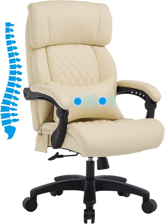 Lumbar Massage Office Chair, 500LBS Big and Tall Office Chair, Heavy Duty Ergonomic Executive Reclining Chair with High Back and Lumbar Support, Beige