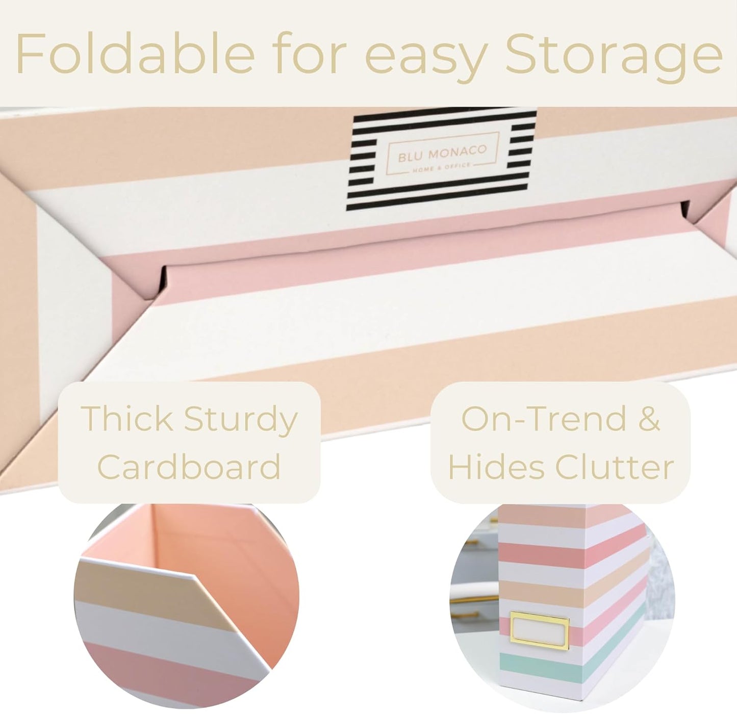 BLU MONACO Set of 4 Foldable Magazine Holders in Pastel Stripes – Sturdy Cardboard Vertical Organizers with Label Holders – Office File Storage Box, Desk Organizer, Paperwork and Document Holder