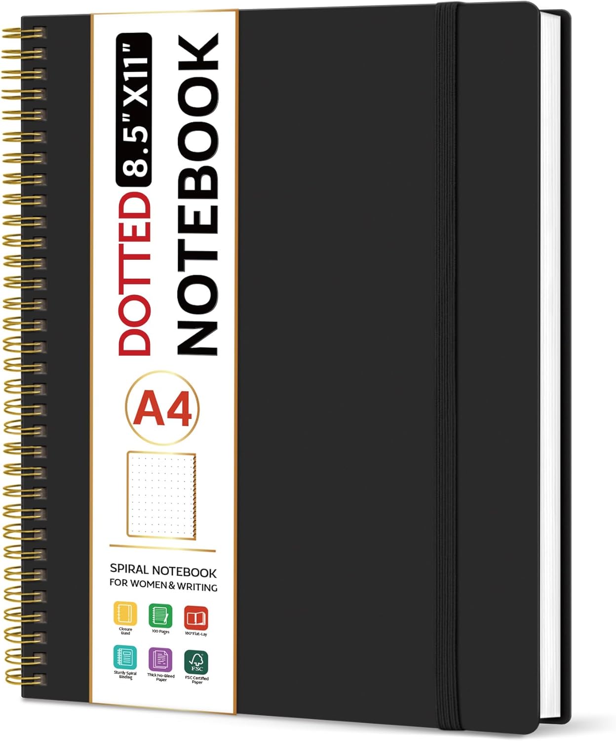 Taja Spiral Dotted Notebook, 8.5"x11" Notebooks for Work, Large A4 Journal for Women & Men, Bullet Dotted Journal, Journaling Notebook for Writing, Plastic Cover Spiral Journal, Black