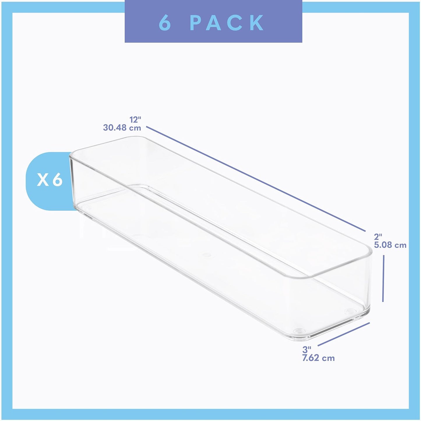 Plastic Clear Drawer Organizers. Bathroom, Kitchen, Bedroom, Gadgets, Office Organizer Bins, Storage Trays. Heavy Duty, Stackable. 12" x 3" x 2" Set of 6