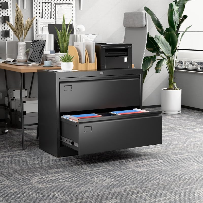 Aobabo 2 Drawer Wide Lateral File Cabinet, Metal Filing Cabinet with Lock, Suitable for Home Office School Hanging Files Letter/Legal/F4/A4 Size,Black,Required-Assembly