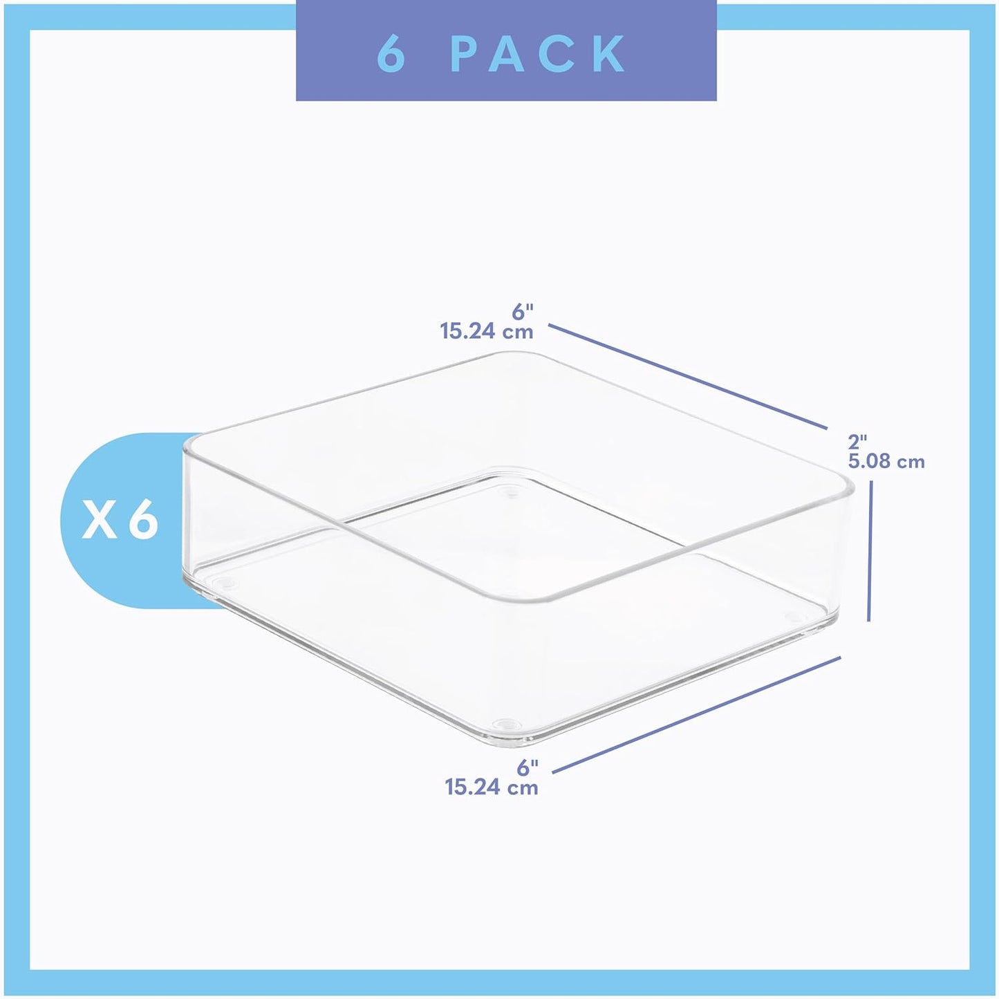 Plastic Clear Drawer Organizers. Bathroom, Kitchen, Bedroom, Makeup, Office Organizer Bins, Storage Trays. Heavy Duty, Stackable. 6" x 6" x 2" Set of 6