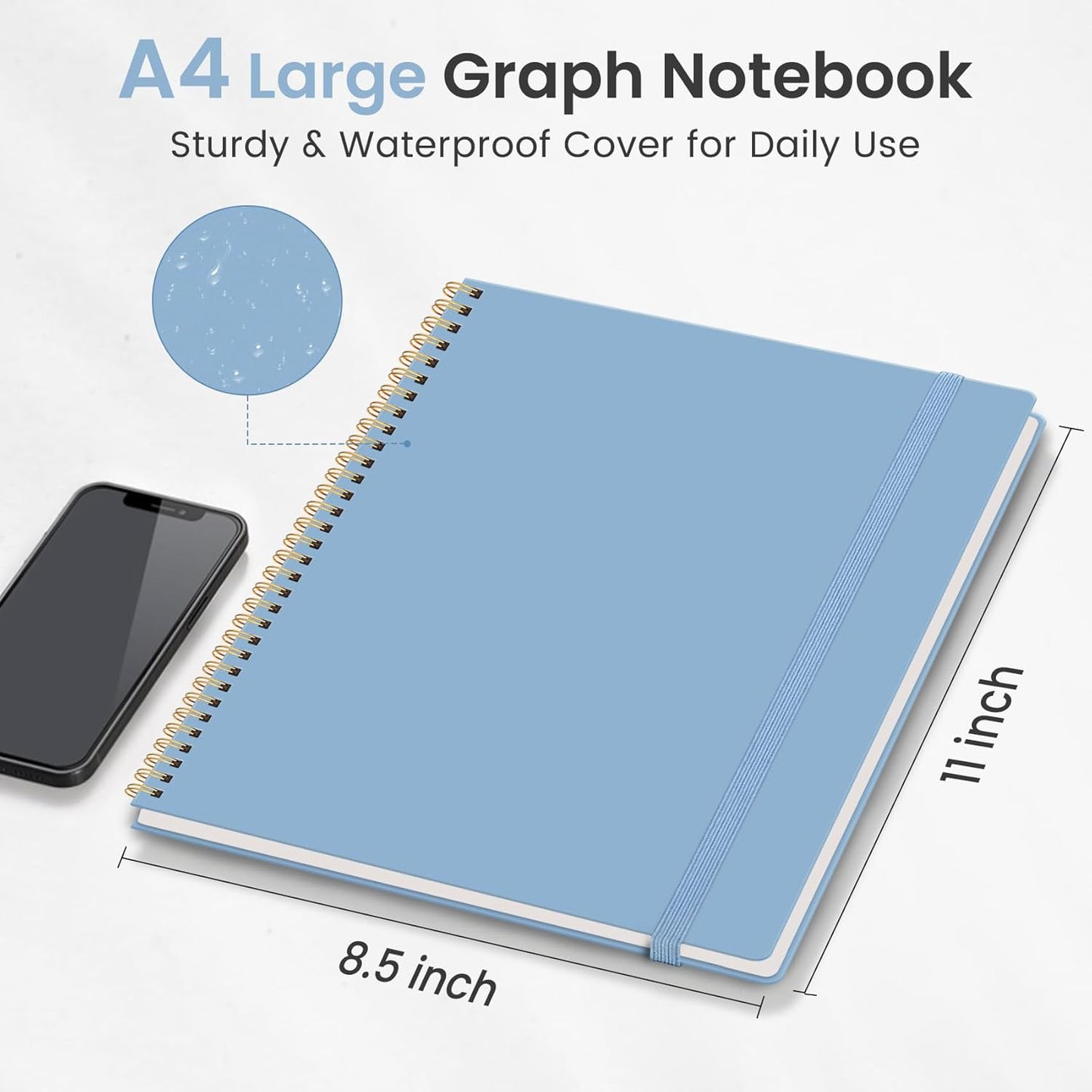 Taja Spiral Graph Notebook, 8.5"x11" Notebooks for Work, Large A4 Journal for Women & Men, Grid Notebook, Journaling Notebook for Writing, Plastic Cover Spiral Journal, Blue