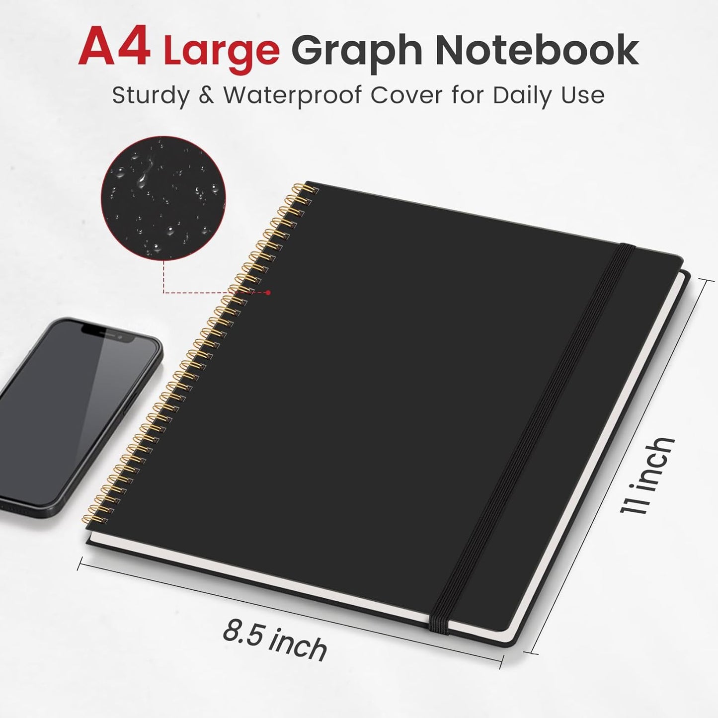 Taja Spiral Graph Notebook, 8.5"x11" Notebooks for Work, Large A4 Journal for Women & Men, Grid Notebook, Journaling Notebook for Writing, Plastic Cover Spiral Journal, Black