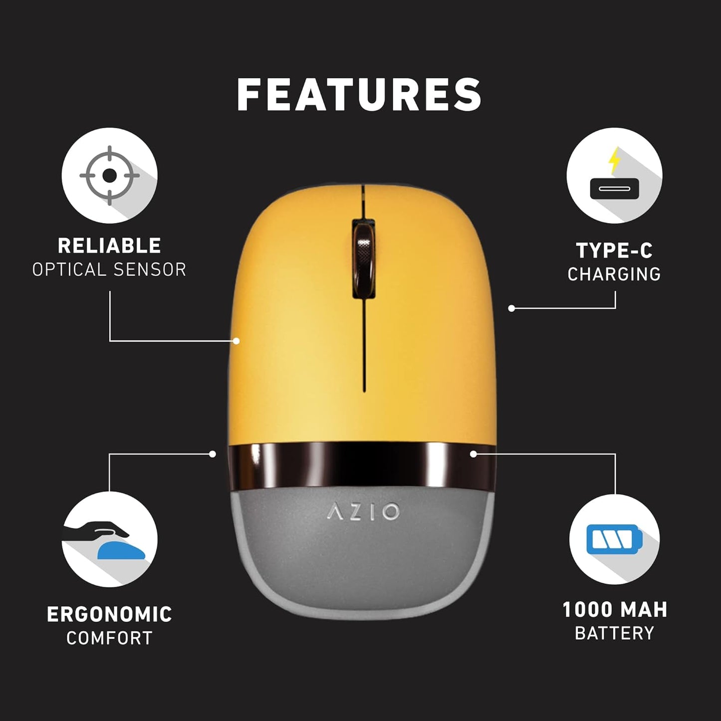 Azio IZO Wireless Optical Mouse - Bluetooth 3.0 & 5.0/2.4G RF-USB, Ambidextrous Design, PixArt PAW3212 Sensor, 1000/1600/2400 DPI, Rechargeable, PC & Mac