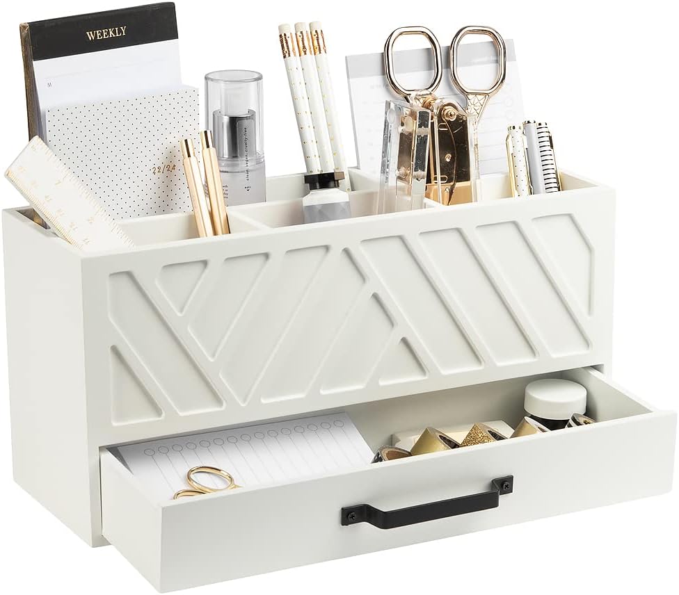 BLU MONACO Stylish White Wooden Pen Holder for Desk: Keep Pens, Markers, and More Organized. With 6 Storage Compartments and a Drawer. Pencil Holder, Marker Storage, and Desk Organizers