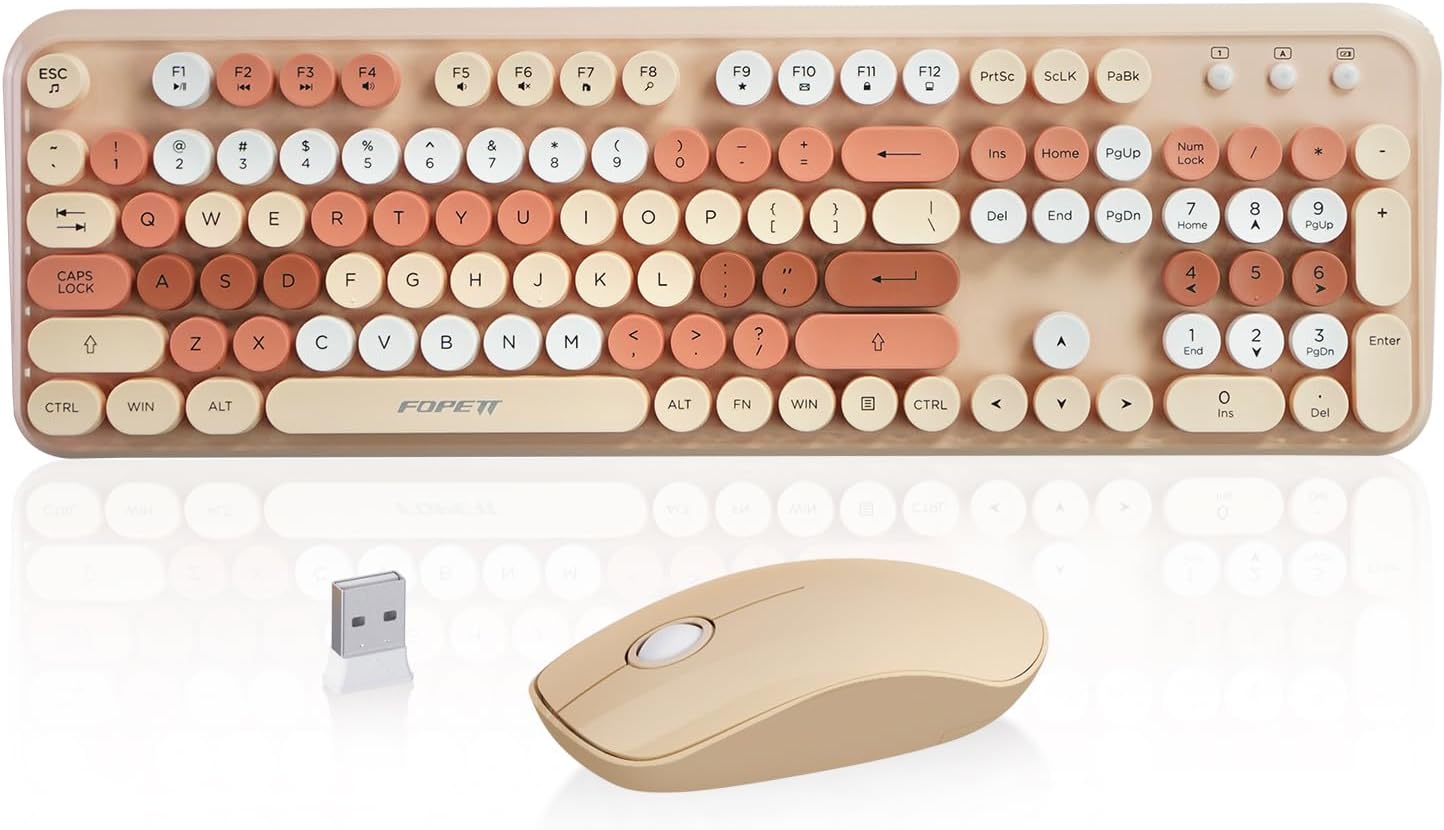 Wireless Keyboard and Mouse Combo, 2.4 GHz Wireless Full-Sized Typewriter Keyboard Mouse for Windows, Computer, Desktop, PC, Laptop (MilkTea)