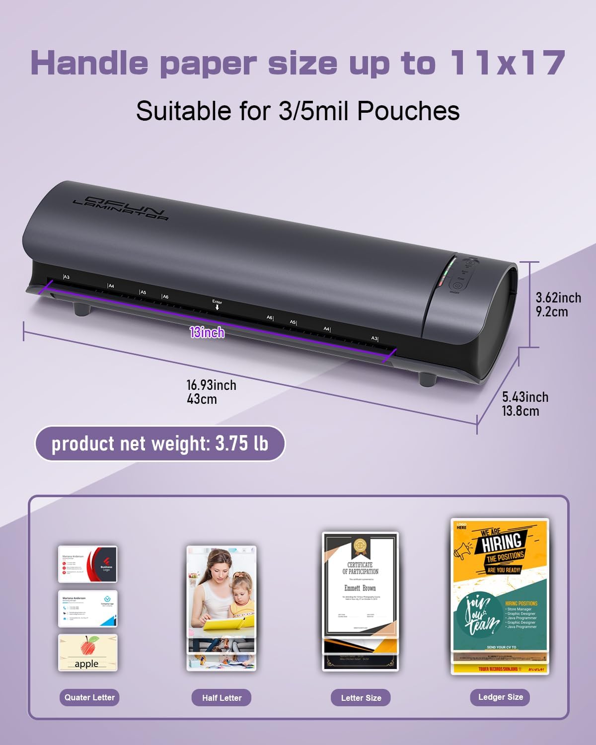 Office Presentation Laminator Machine 11x17 with Laminating Sheet A3/A4/A5, 3/5 Mil Thermal Cold Laminating Machine 13 inch Wide, 60s Warm-Up Office Presentation Laminator Machine (Gray)