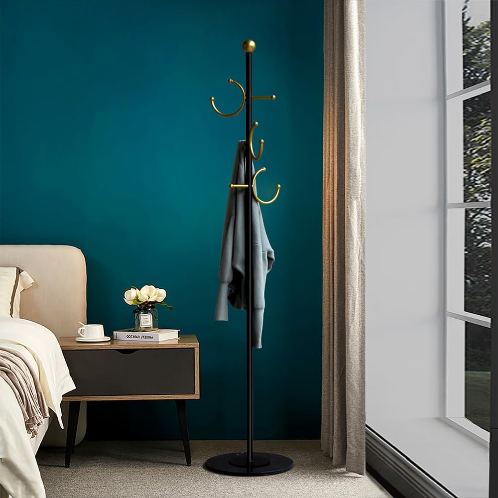 BUZUYE Modern Coat rack with marble base,Coat rack freestanding heavy duty with gold hooks,Entryway coat rack stand Coat Tree freestanding coat hanger stand for Hanging Clothes, Hats, Bags