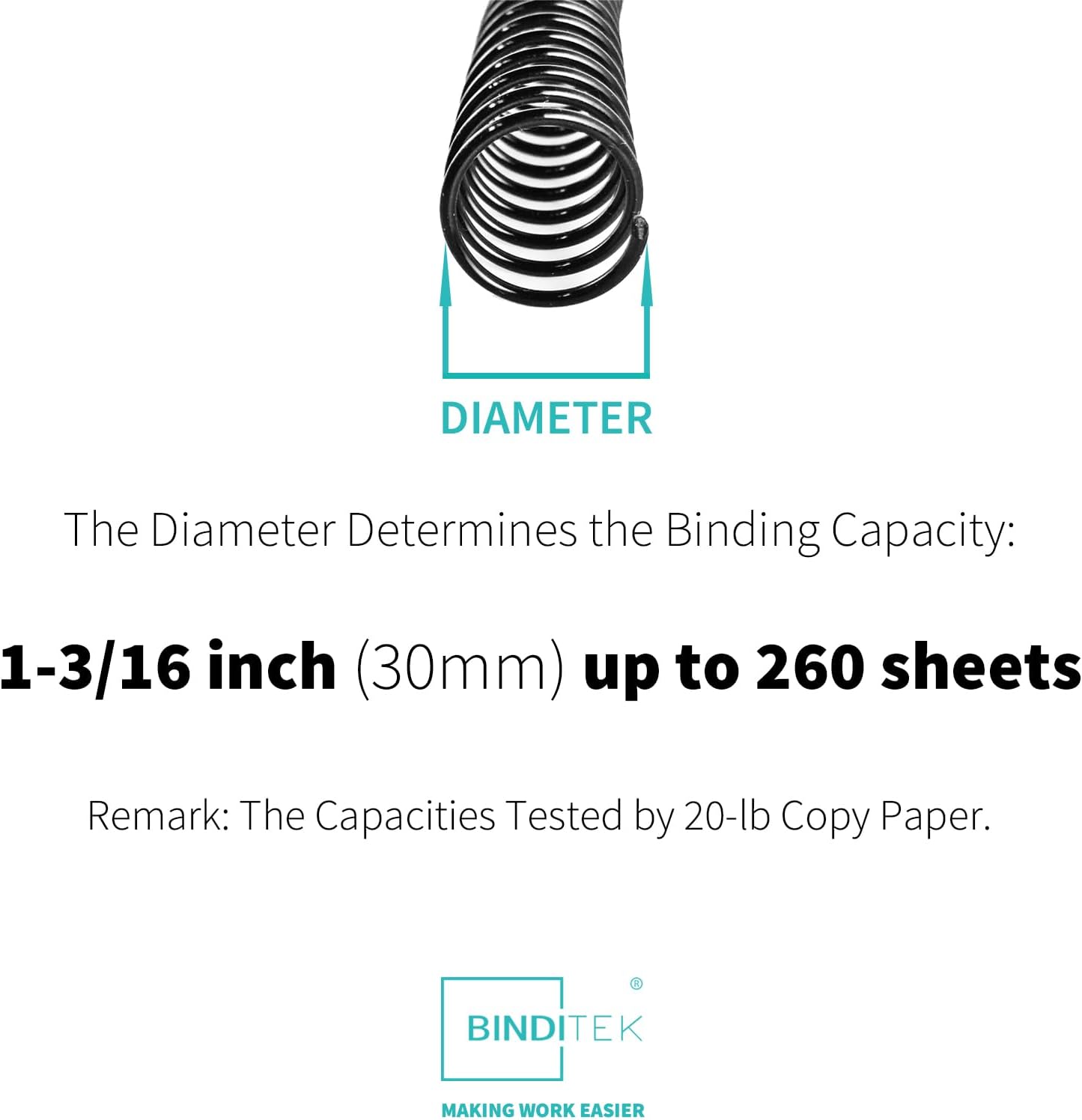 Binditek 50 Pack Plastic Spiral Binding Coils, 30mm (1-3/16"), 260 Sheet Capacity, 4:1 Pitch, Black, 48 Loops, for Letter Size, for Students and Coworkers