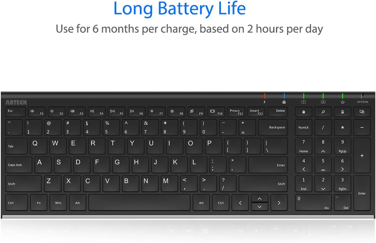 Arteck USB Wireless Keyboard Stainless Steel Ultra Slim Keyboard with Numeric Keypad for Computer/PC/Laptop and Windows 11/10/8 Rechargeable Battery