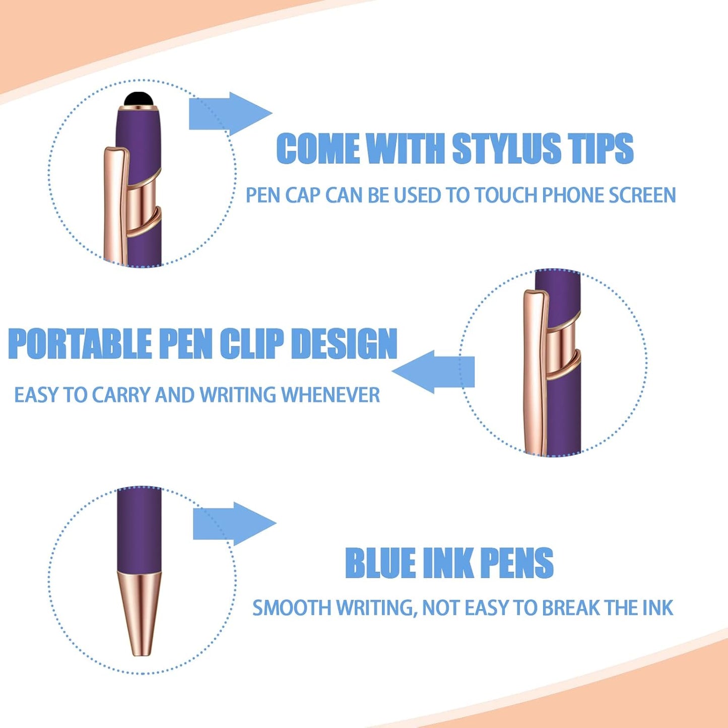 8 Pcs Blue Ink Ballpoint Pen with Stylus Tip 2 in 1 Stylus Ballpoint Pen Metal Pens Stylus Pen for Touch Screens School Office Coworkers (Purple Rose Gold)