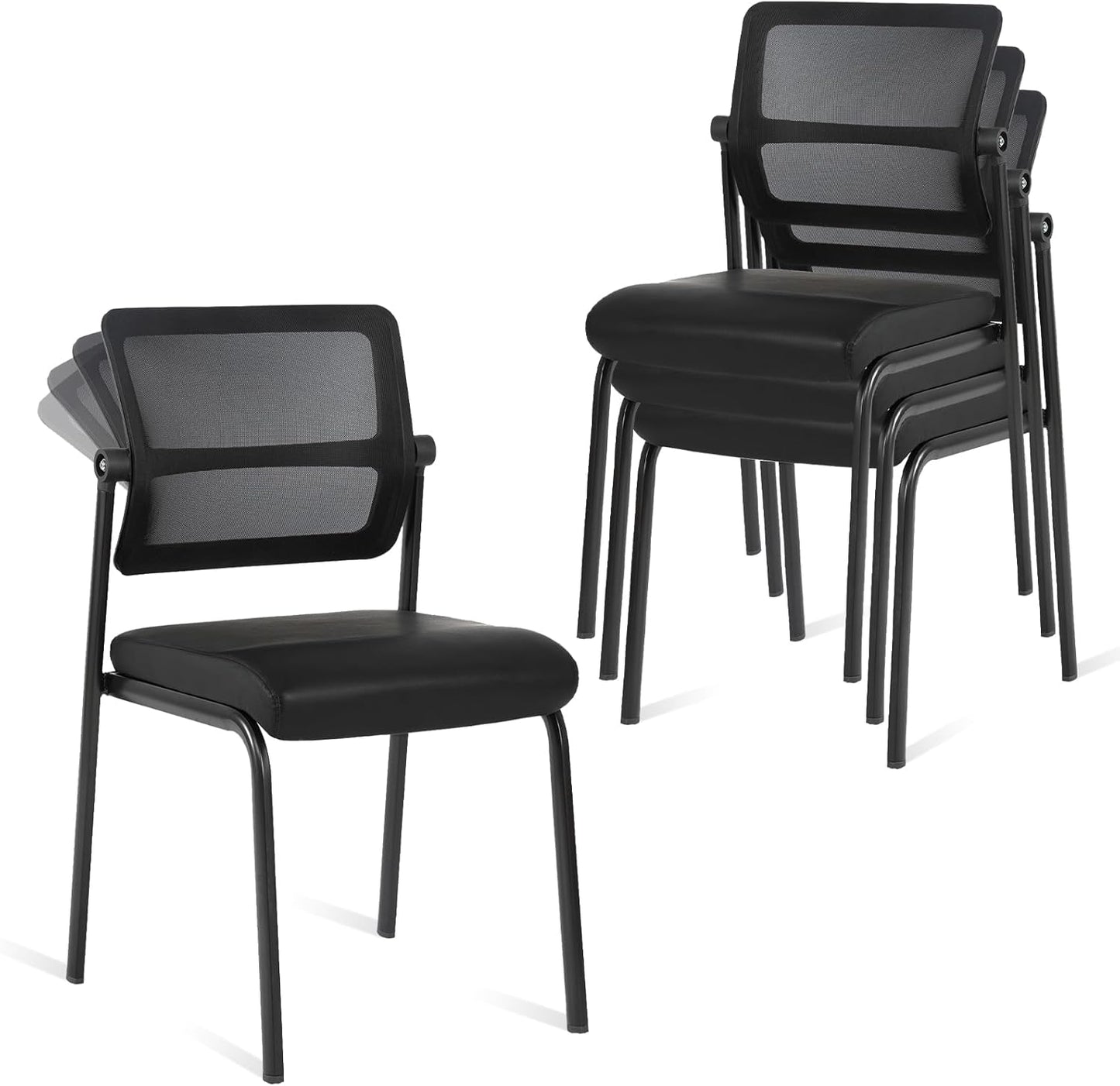 CLATINA Stacking Waiting Room Chairs, Adjustable Mesh Backrest Armless Office Guest Reception Chair with Leather Cushion and Ergonomic Lumbar Support for Conference Lobby Side School Classroom, 4PK
