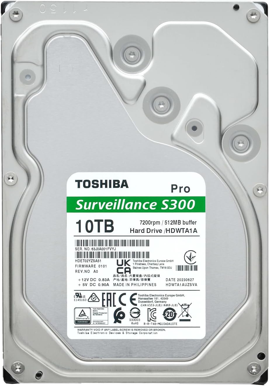 Toshiba S300 PRO 10TB Surveillance 3.5” Internal Hard Drive – CMR SATA 6 Gb/s 7200 RPM 512MB Cache - HDWTA1AUZSVAR
