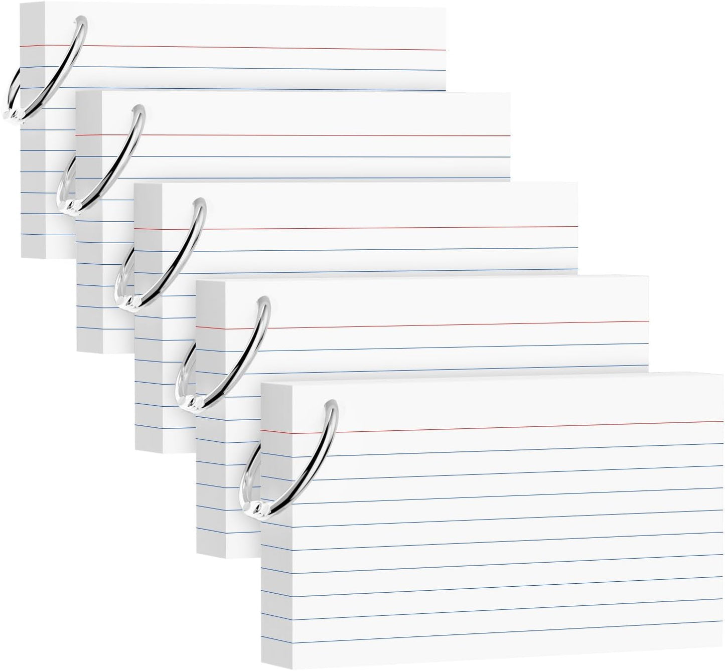 250 Count White Index Cards 3x5 Inch with Key Ring, 180gsm Heavyweight Flash Card (50 Sheets Each), Durable & Portable Note Taking for Students, Teachers, Study Note Cards for Office Home School