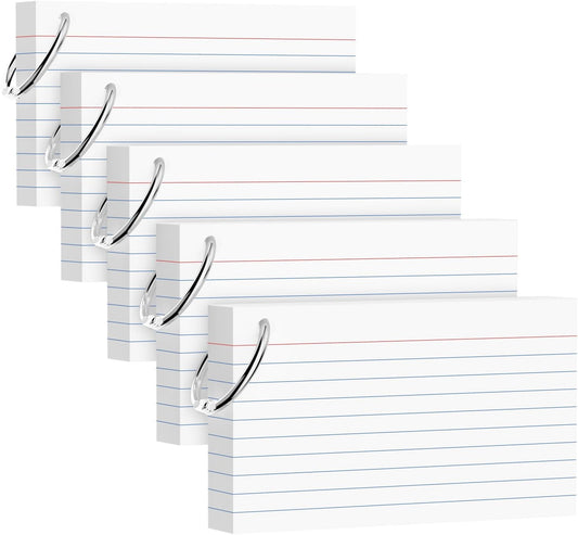 250 Count White Index Cards 3x5 Inch with Key Ring, 180gsm Heavyweight Flash Card (50 Sheets Each), Durable & Portable Note Taking for Students, Teachers, Study Note Cards for Office Home School