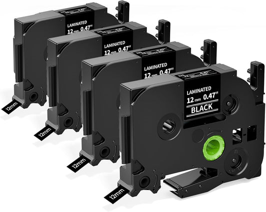 Airmall Label Maker Tape Black Replacement for Brother Ptouch Tape 12mm 0.47 White on Black Tze-335 Tze335 TZe TZ 12mm 0.47 Laminated for Brother PT-D210 PT-D220 PT-H110 PT-D400 PT-D600, 4-Pack