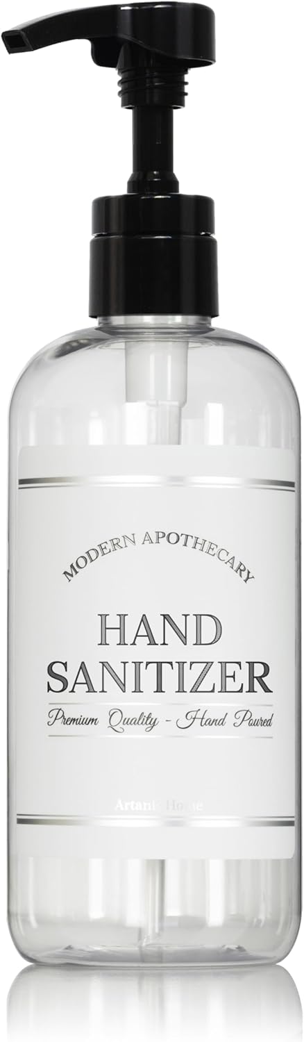 Artanis HomeRefillable Clear PET Plastic 16 oz Hand Sanitizer Bottle with High Output Black Plastic Pump Dispenser - Chrome Accent Waterproof Labeled Bottle