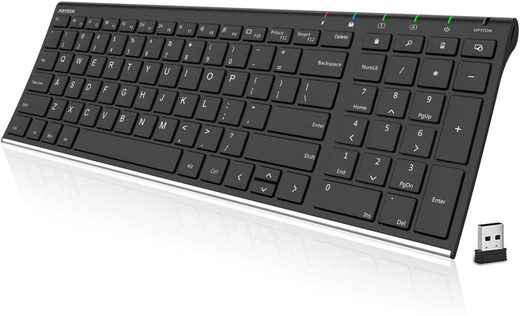 Arteck USB Wireless Keyboard Stainless Steel Ultra Slim Keyboard with Numeric Keypad for Computer/PC/Laptop and Windows 11/10/8 Rechargeable Battery