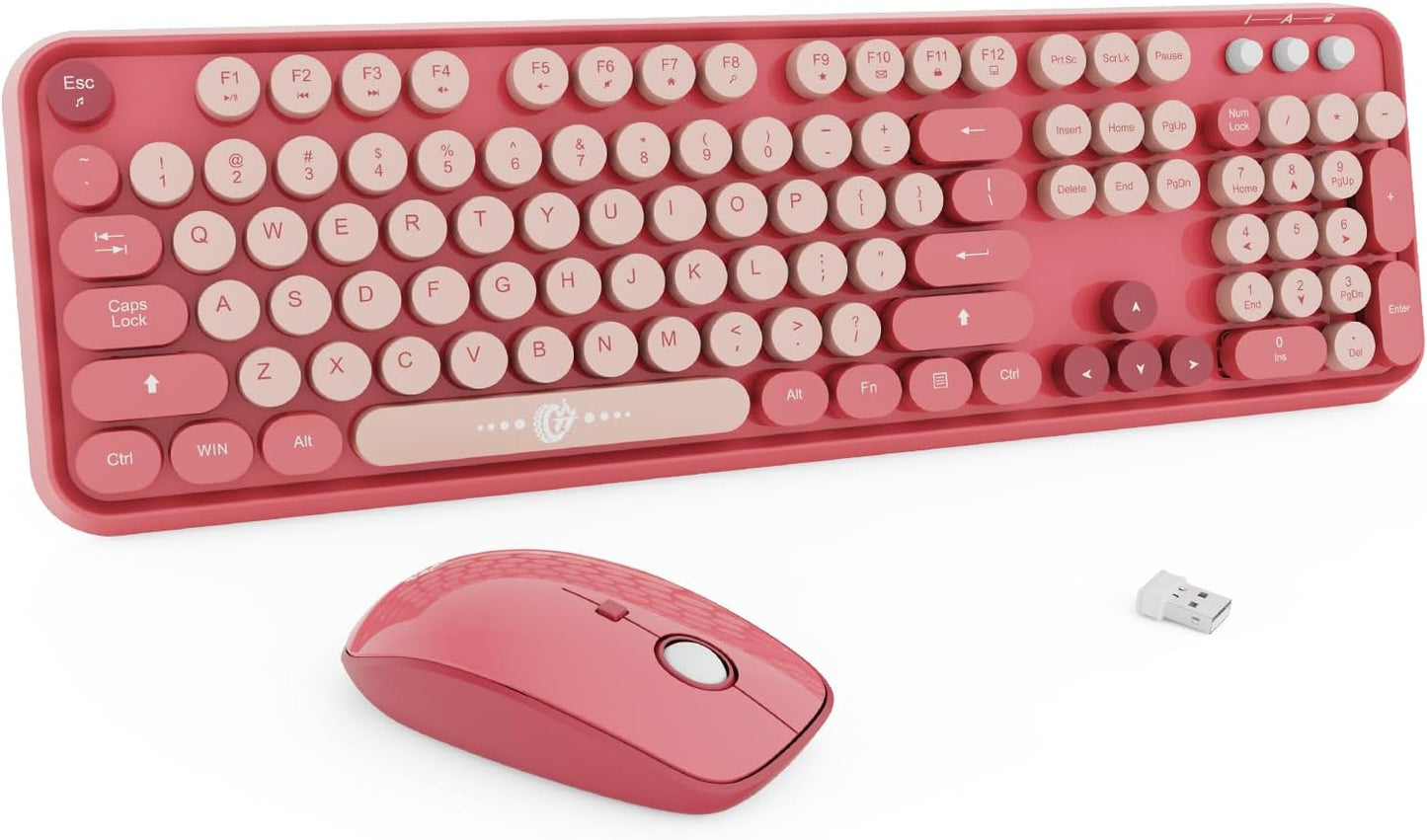 FD Wireless Keyboard and Mouse Combo | Cute Colorful Keyboard and Mouse with 2.4GHz Cordless Retro Typewriter Keyboard | Auto-Sleep | USB Receiver for Windows PC/Laptop - Pink Colorful