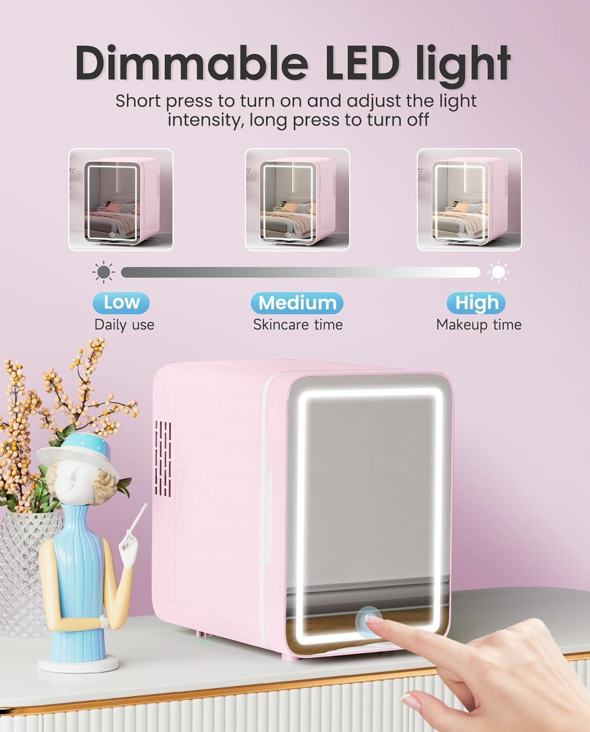 Skincare Fridge With Dimmable LED Light Mirror, 4L Makeup Mini Fridge for Bedroom, Car, Office & Dorm, Cooler & Warmer, Portable Small Refrigerator for Cosmetics, Skin Care and Food, Pink