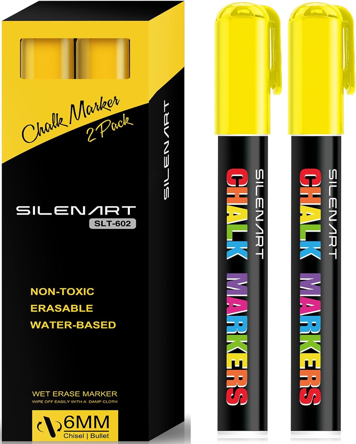 SILENART Yellow Chalk Markers 2 Pack - Yellow Dry Erase Markers Pen - Liquid Chalk Markers for Chalkboard, Window, Glass, Mirror, Blackboard - 3-6mm Reversible Tip
