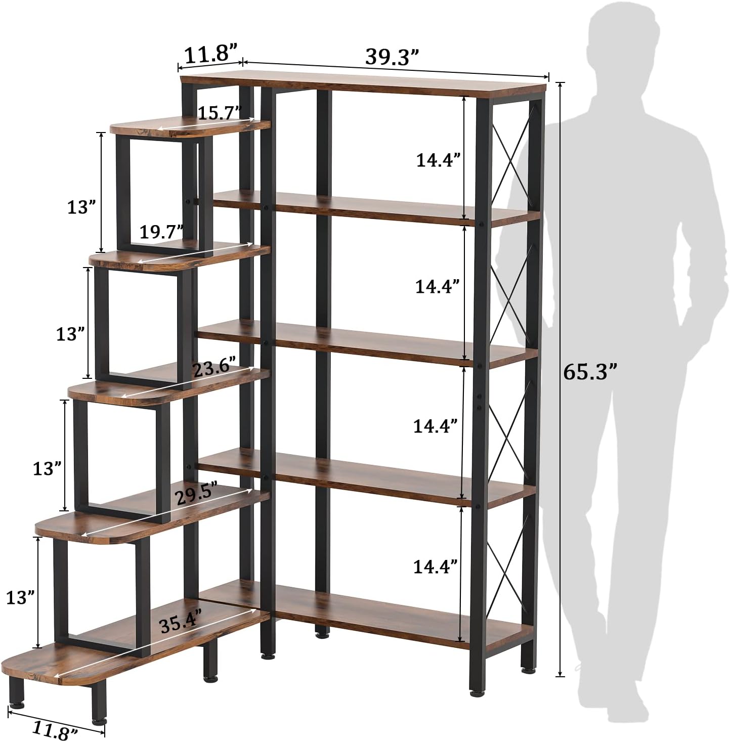 Large Corner Bookshelf Bookcase, Industrial Reversible 5 Tier Ladder Shelves Storage Display Rack with Metal Frame, Modern Home Office Furniture for Living Room Bedroom