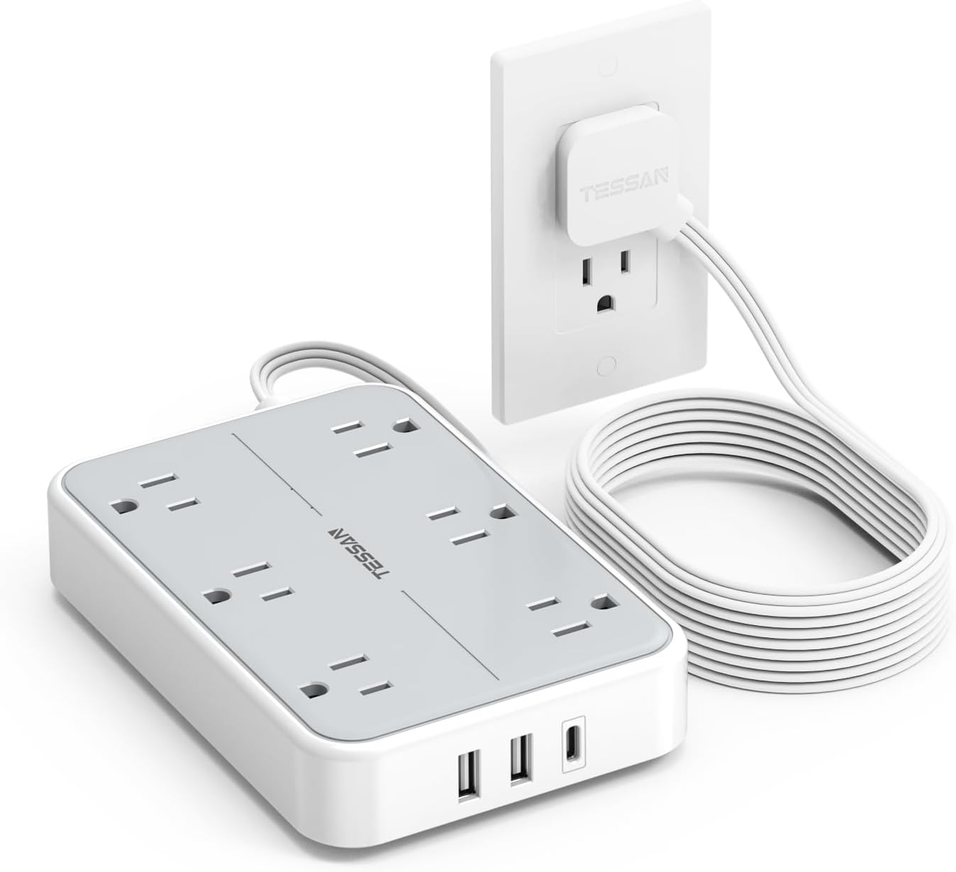 TESSAN Flat Extension Cord 10 FT with Flat Plug Power Strip, Small Extension Cord with 6 AC Outlet 1 USB C and 2 USB A, 1080J Surge Protector Power Strip, Wall Mount for Dorm Room Office Home